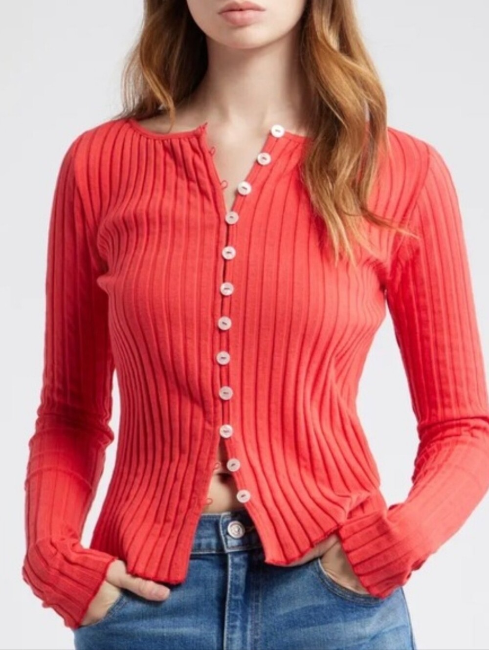 Free People Tilly Rib Red Long Sleeve T Shirt Size medium